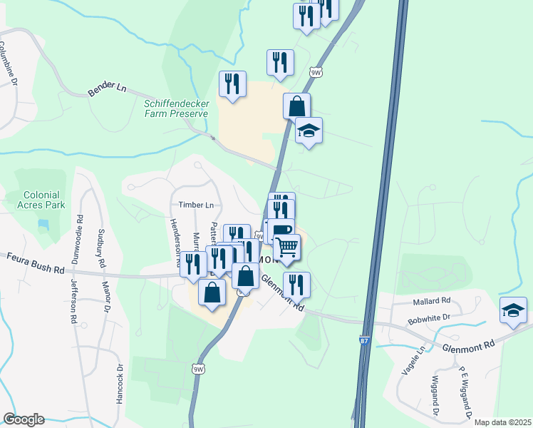 map of restaurants, bars, coffee shops, grocery stores, and more near 203 North Route 9W in Glenmont