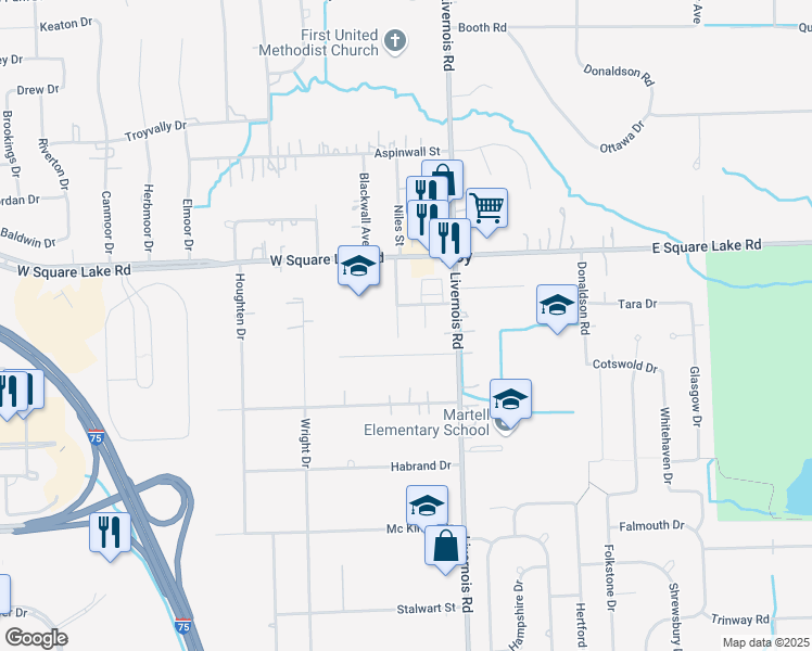 map of restaurants, bars, coffee shops, grocery stores, and more near 5865 Canham Drive in Troy