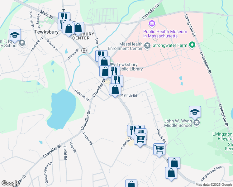 map of restaurants, bars, coffee shops, grocery stores, and more near 1 Orchard Street in Tewksbury