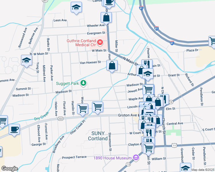 map of restaurants, bars, coffee shops, grocery stores, and more near 60 Madison Street in Cortland