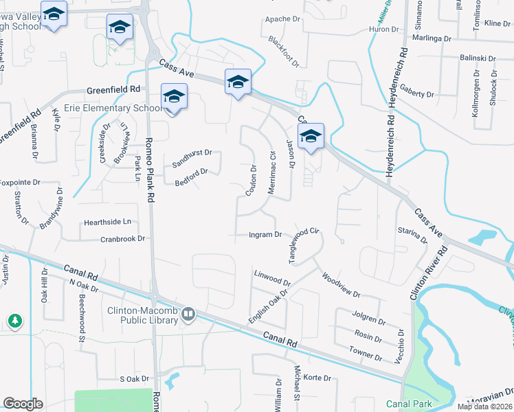 map of restaurants, bars, coffee shops, grocery stores, and more near 41781 Merrimac Circle in Macomb County