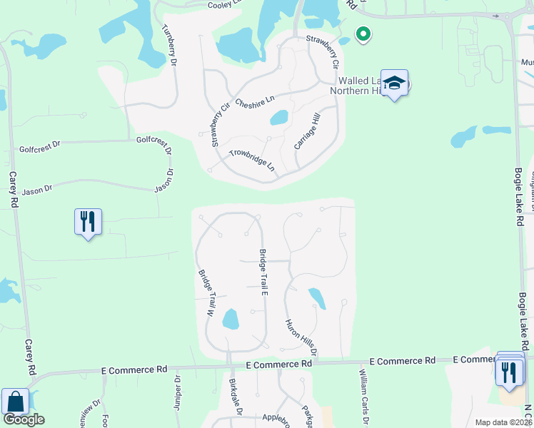 map of restaurants, bars, coffee shops, grocery stores, and more near 5460 Bridge Trail West in Oakland County