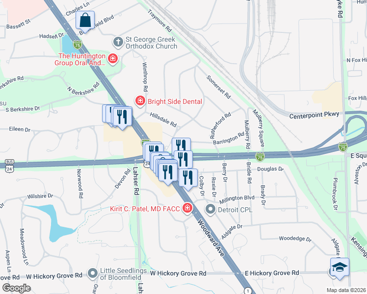 map of restaurants, bars, coffee shops, grocery stores, and more near 62 Barrington Road in Bloomfield Township