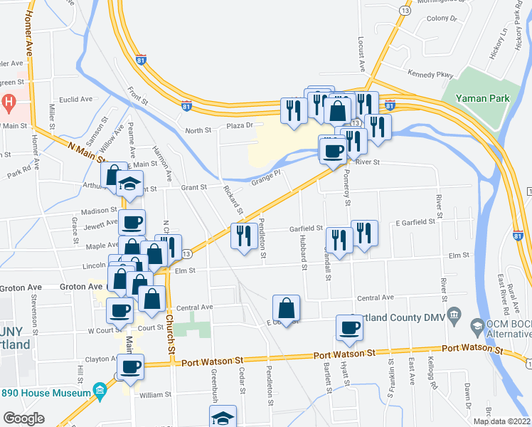 map of restaurants, bars, coffee shops, grocery stores, and more near 101 Clinton Avenue in Cortland