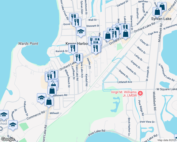 map of restaurants, bars, coffee shops, grocery stores, and more near 2340 Hester Court in Keego Harbor