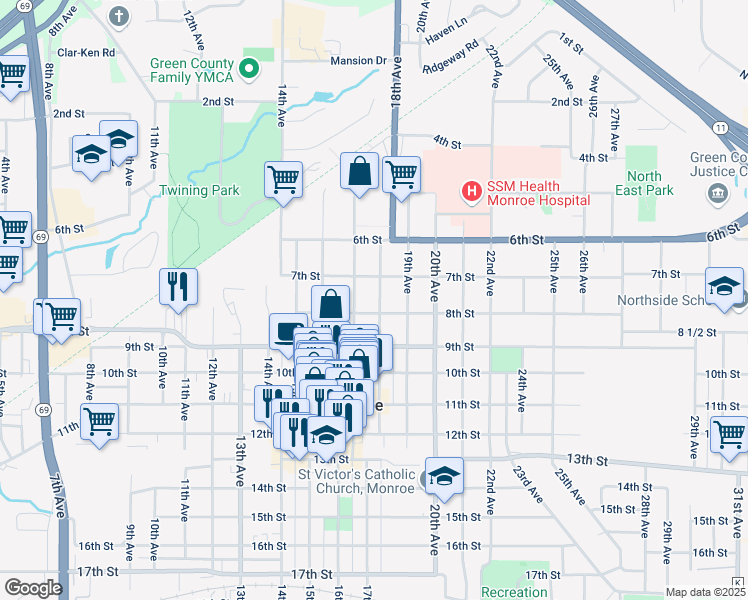map of restaurants, bars, coffee shops, grocery stores, and more near 723 18th Avenue in Monroe