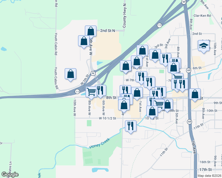 map of restaurants, bars, coffee shops, grocery stores, and more near 403 West 8th Street in Monroe