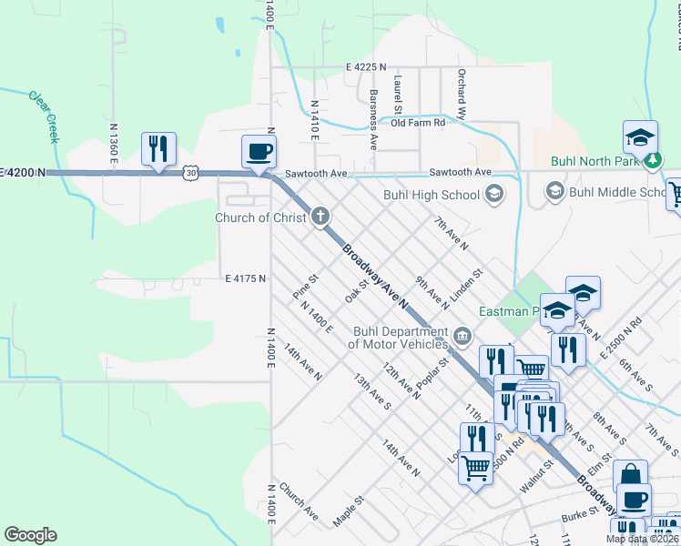 map of restaurants, bars, coffee shops, grocery stores, and more near 715 Broadway Avenue North in Buhl