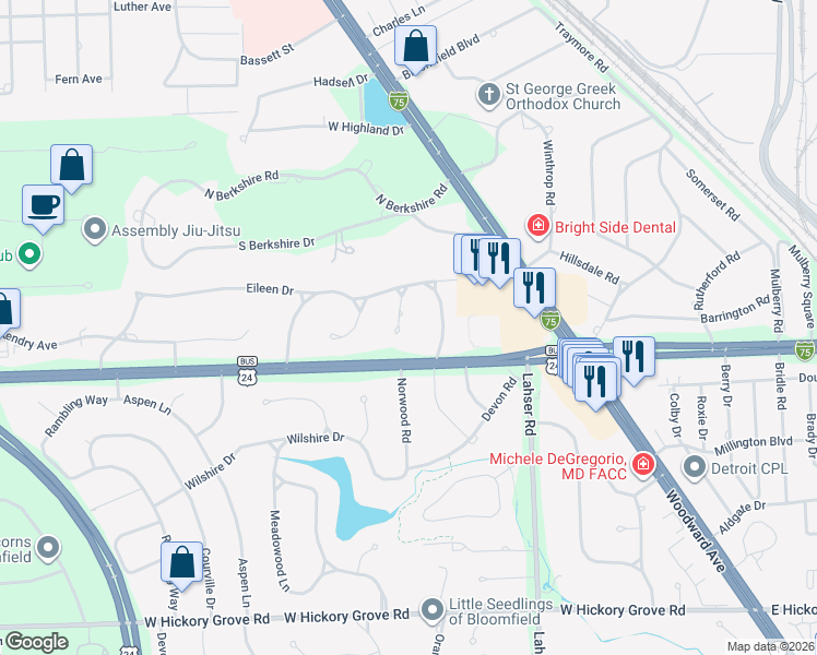 map of restaurants, bars, coffee shops, grocery stores, and more near 2427 Sanders Place in Oakland County