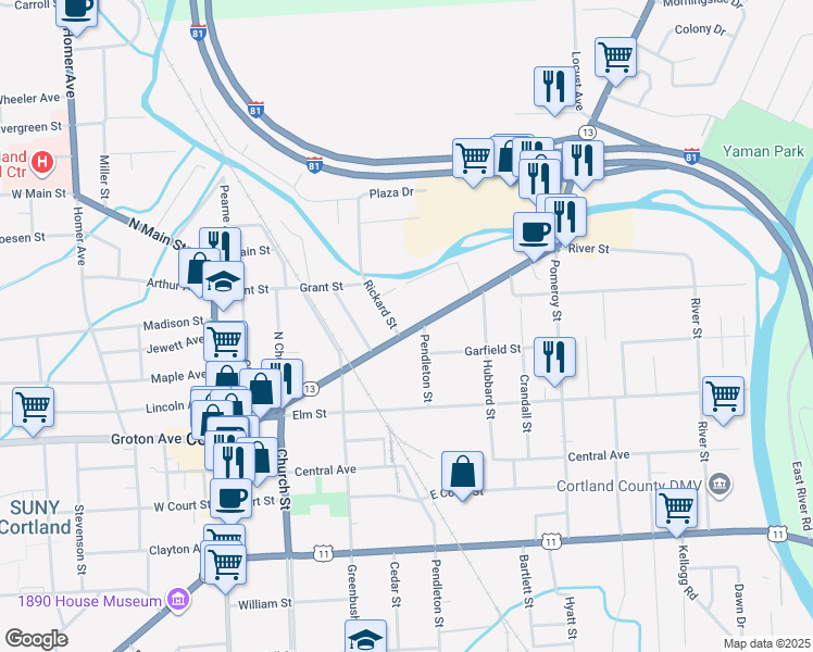 map of restaurants, bars, coffee shops, grocery stores, and more near 90 New York 13 in Cortland