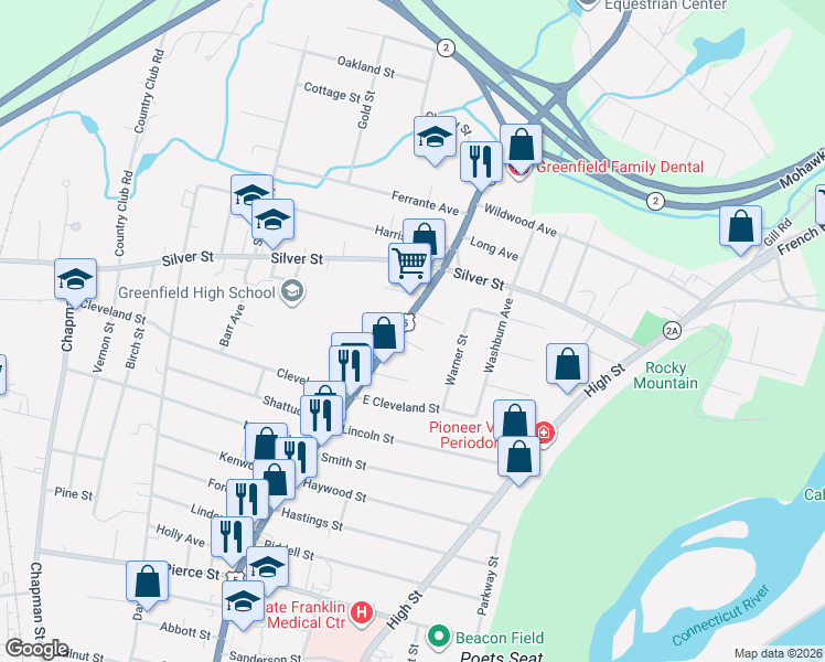 map of restaurants, bars, coffee shops, grocery stores, and more near 10 1/2 Stanley Street in Greenfield