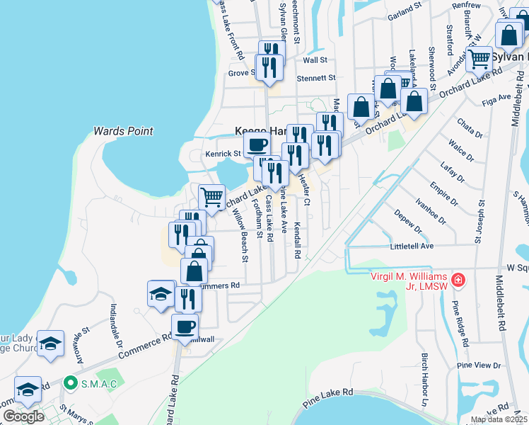 map of restaurants, bars, coffee shops, grocery stores, and more near 2306 Fordham Street in Keego Harbor