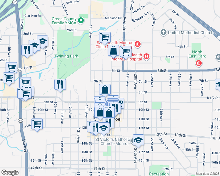map of restaurants, bars, coffee shops, grocery stores, and more near 721 17th Ave in Monroe