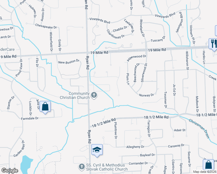 map of restaurants, bars, coffee shops, grocery stores, and more near 42500 Ryan Road in Sterling Heights