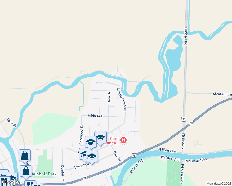 map of restaurants, bars, coffee shops, grocery stores, and more near 559 Sandra Crescent in Wallaceburg