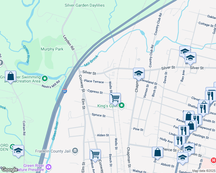 map of restaurants, bars, coffee shops, grocery stores, and more near 358 Wells Street in Greenfield