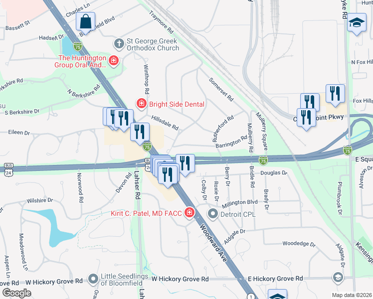 map of restaurants, bars, coffee shops, grocery stores, and more near 62 Barrington Road in Bloomfield Township