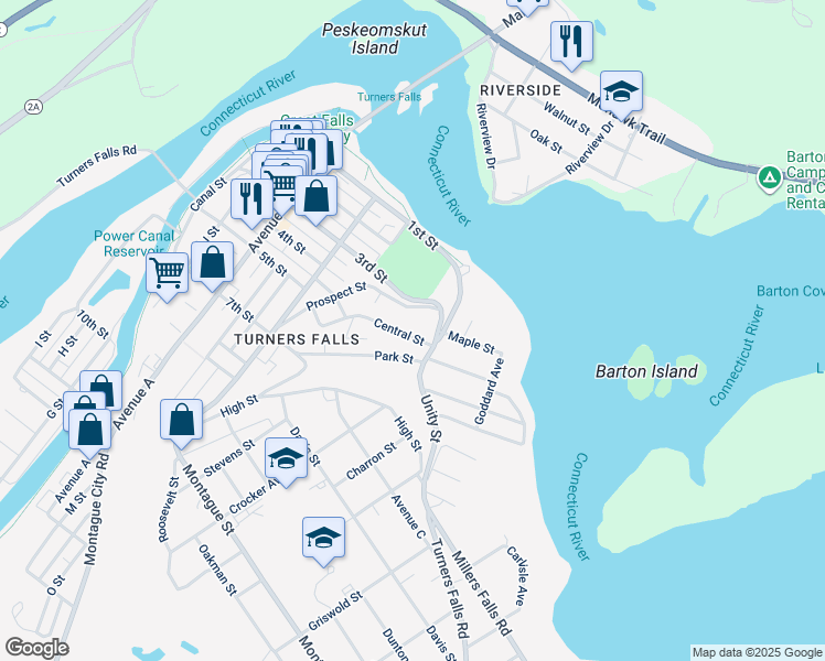 map of restaurants, bars, coffee shops, grocery stores, and more near 53 Central Street in Montague