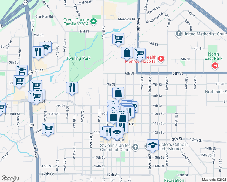 map of restaurants, bars, coffee shops, grocery stores, and more near 723 16th Avenue in Monroe