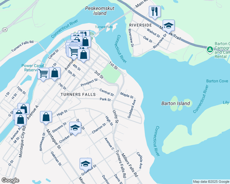 map of restaurants, bars, coffee shops, grocery stores, and more near 53 Central Street in Montague