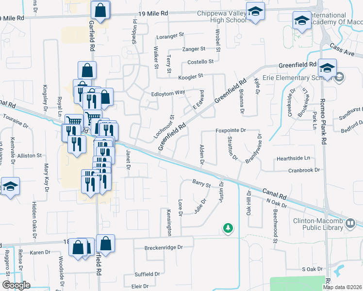 map of restaurants, bars, coffee shops, grocery stores, and more near 41813 Fairmouth Park Drive in Clinton Township