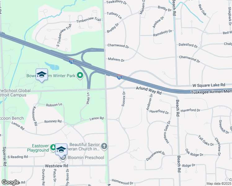 map of restaurants, bars, coffee shops, grocery stores, and more near 5990 North Adams Road in Troy