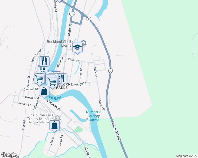 map of restaurants, bars, coffee shops, grocery stores, and more near 5 Maple Street in Shelburne Falls