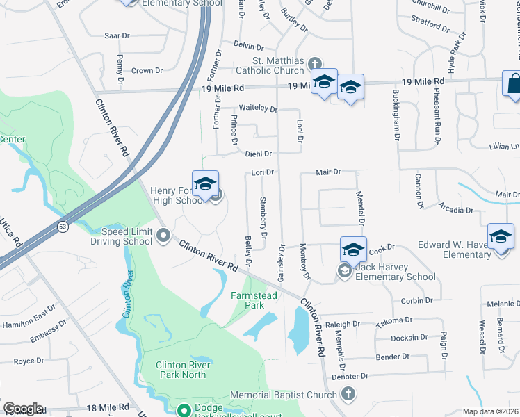 map of restaurants, bars, coffee shops, grocery stores, and more near 42209 Stanberry Drive in Sterling Heights