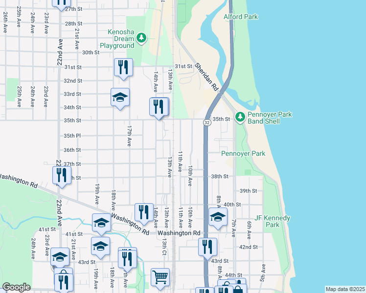 map of restaurants, bars, coffee shops, grocery stores, and more near 3559 11th Avenue in Kenosha