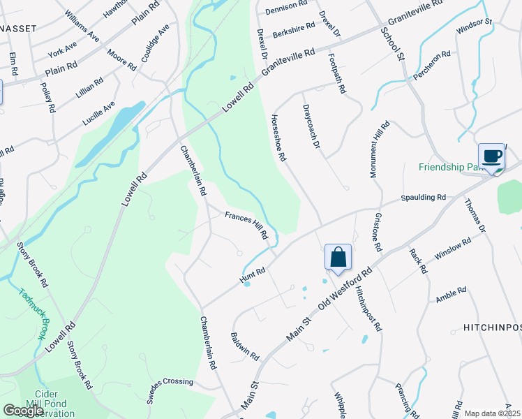 map of restaurants, bars, coffee shops, grocery stores, and more near 10 Frances Hill Road in Westford