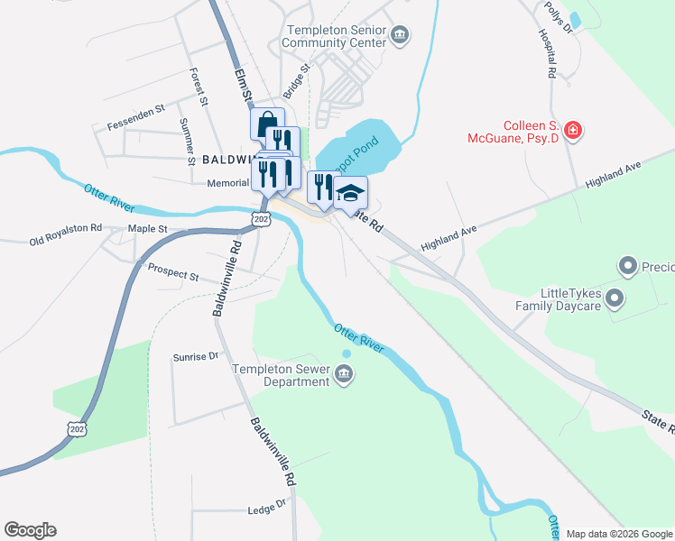 map of restaurants, bars, coffee shops, grocery stores, and more near 69 Mill Street in Templeton