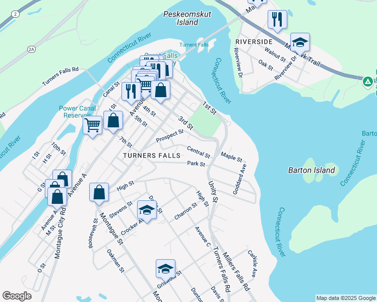 map of restaurants, bars, coffee shops, grocery stores, and more near 36 Central Street in Montague