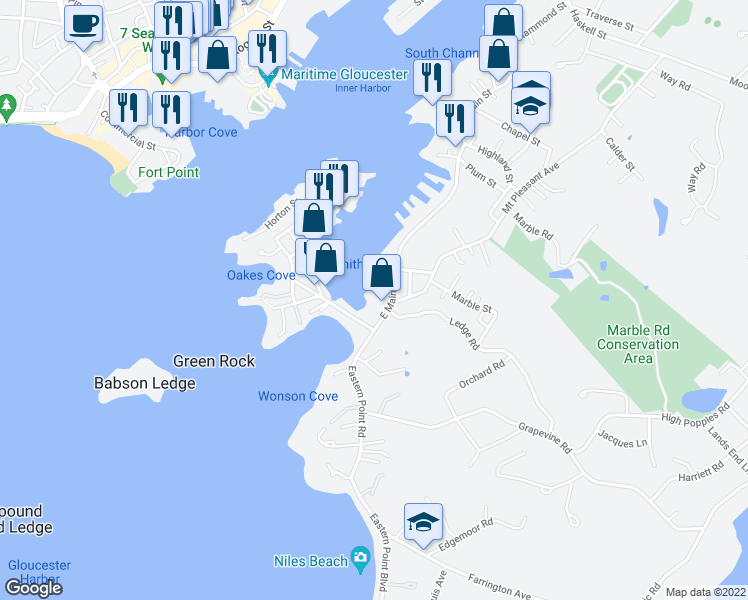 map of restaurants, bars, coffee shops, grocery stores, and more near 271R East Main Street in Gloucester