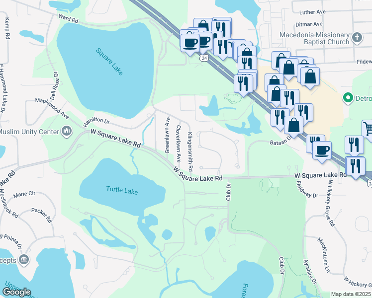 map of restaurants, bars, coffee shops, grocery stores, and more near 2375 Cloverlawn Avenue in Bloomfield Township