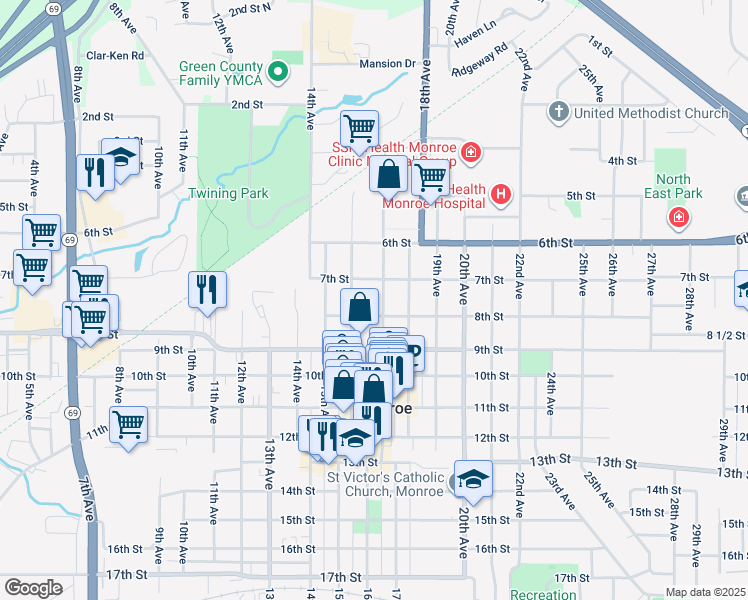 map of restaurants, bars, coffee shops, grocery stores, and more near 721 17th Ave in Monroe