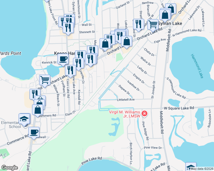 map of restaurants, bars, coffee shops, grocery stores, and more near 2304 Woodrow Wilson Boulevard in Oakland County
