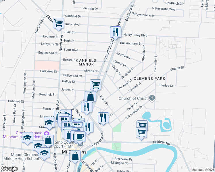 map of restaurants, bars, coffee shops, grocery stores, and more near 80 Brooks Street in Mount Clemens