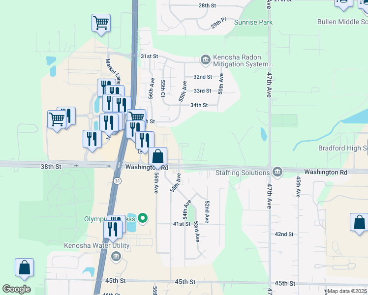 map of restaurants, bars, coffee shops, grocery stores, and more near 5330 Washington Road in Kenosha