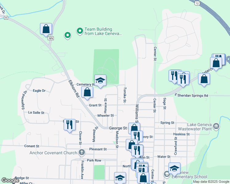 map of restaurants, bars, coffee shops, grocery stores, and more near 1300 Madison St in Lake Geneva