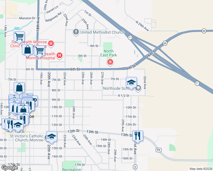 map of restaurants, bars, coffee shops, grocery stores, and more near 2713 8th Street in Monroe