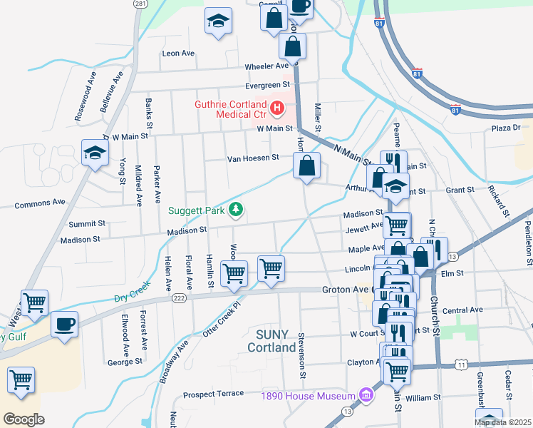 map of restaurants, bars, coffee shops, grocery stores, and more near 80-82 Madison Street in Cortland