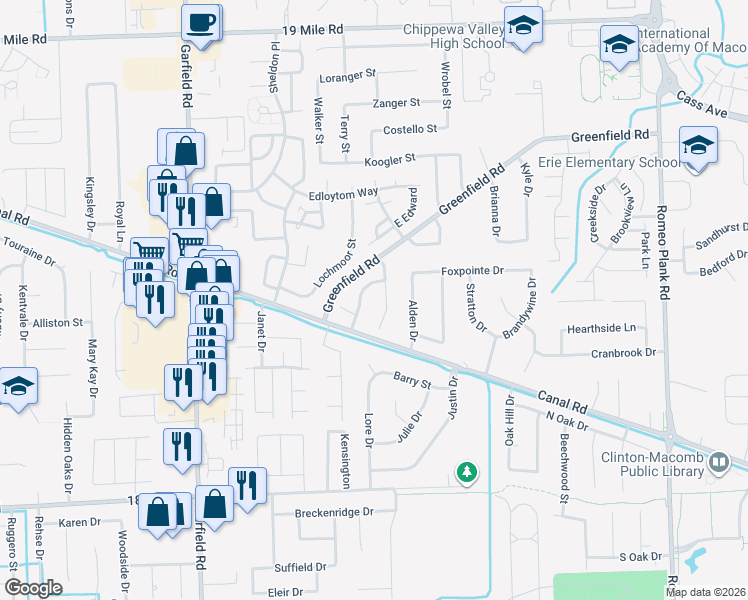 map of restaurants, bars, coffee shops, grocery stores, and more near 41813 Fairmouth Park Drive in Clinton Township