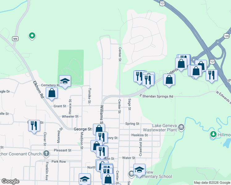 map of restaurants, bars, coffee shops, grocery stores, and more near W2716 East Sheridan Springs Road in Lake Geneva