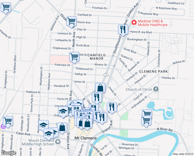 map of restaurants, bars, coffee shops, grocery stores, and more near 94 Welts Street in Mount Clemens