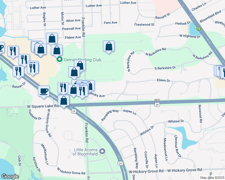 map of restaurants, bars, coffee shops, grocery stores, and more near 498 Kendry Avenue in Bloomfield Township