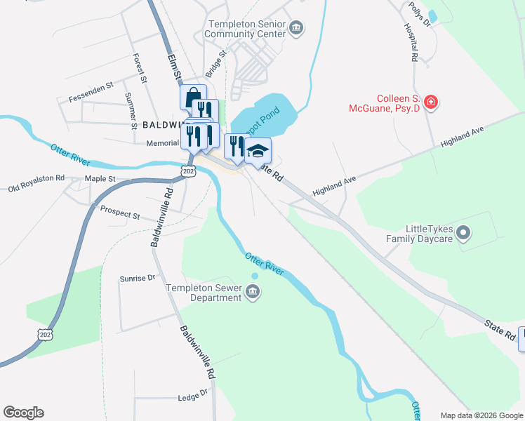 map of restaurants, bars, coffee shops, grocery stores, and more near 72 Mill Street in Templeton