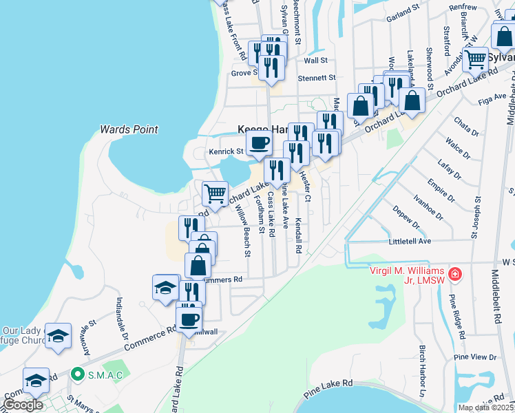 map of restaurants, bars, coffee shops, grocery stores, and more near 2306 Fordham Street in Keego Harbor