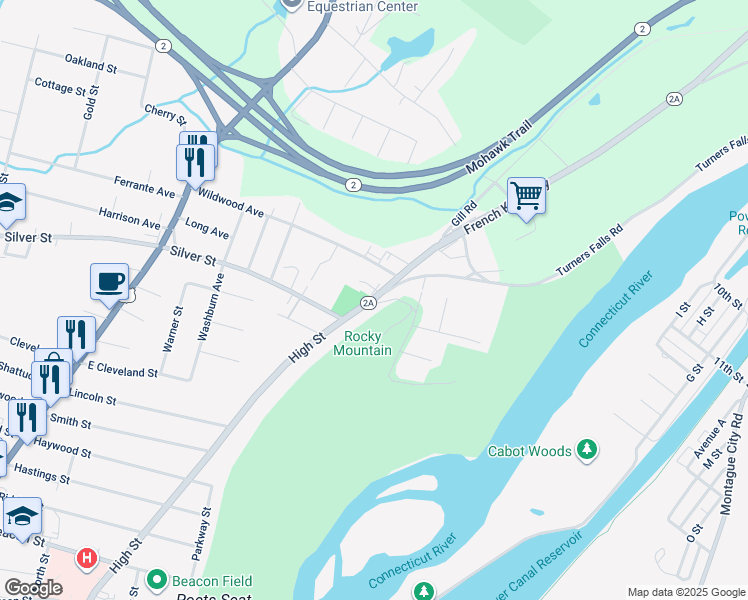 map of restaurants, bars, coffee shops, grocery stores, and more near 15 Massachusetts 2A in Greenfield
