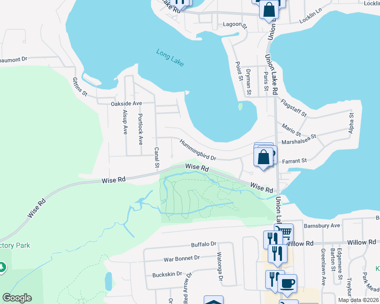 map of restaurants, bars, coffee shops, grocery stores, and more near 8555 Hummingbird Drive in Oakland County