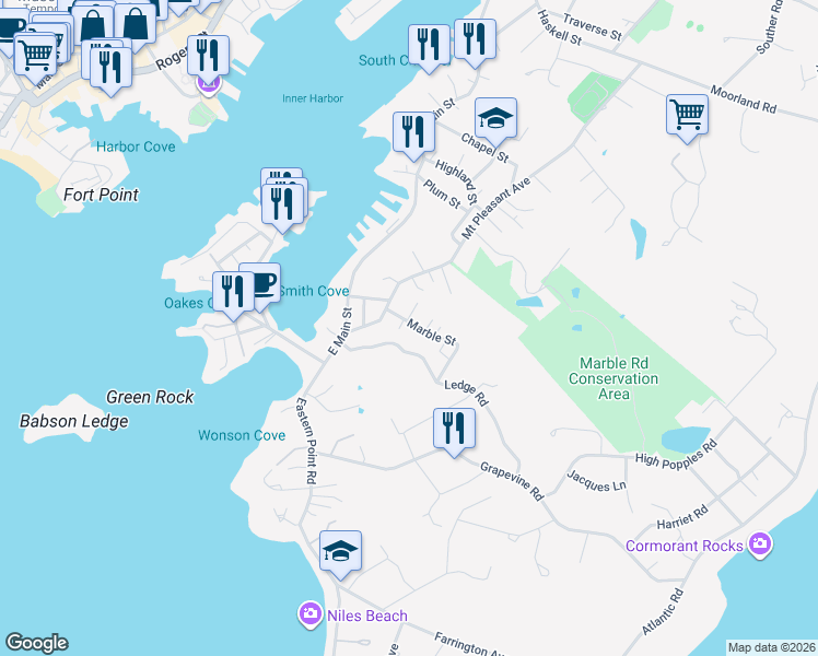 map of restaurants, bars, coffee shops, grocery stores, and more near 7 Marble Street in Gloucester